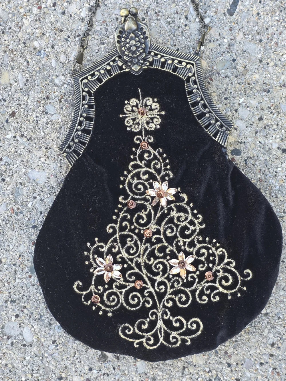 Black Velvet Embroidered Christmas Tree Evening Bag Chain Purse
